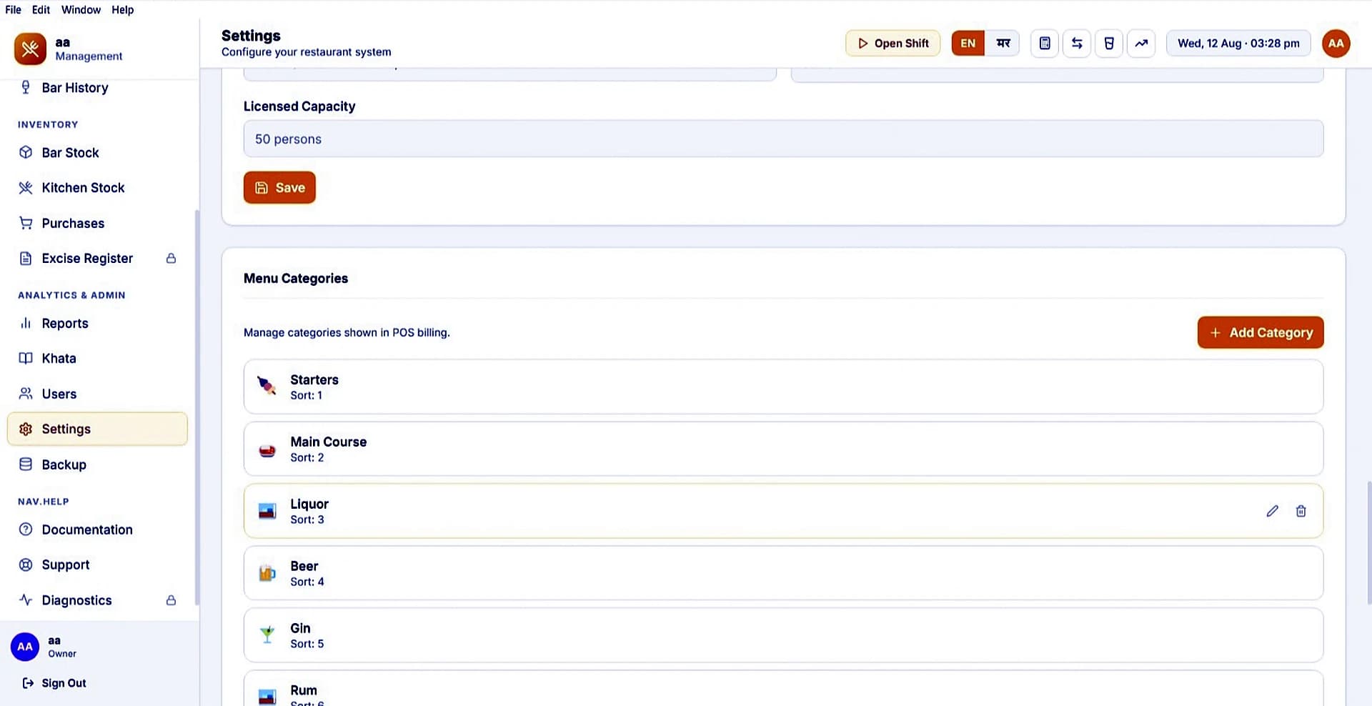 HotelBarDost menu category and licensed capacity settings