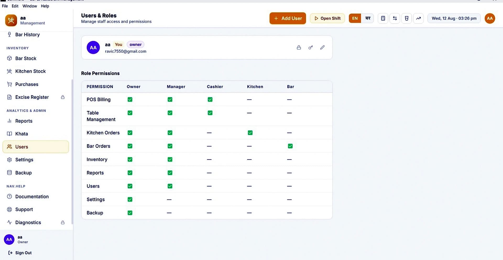 HotelBarDost user roles and permissions management screen